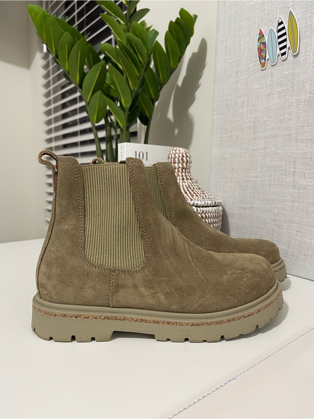 BIRKENSTOCK womens highwood slip on boots suede leather Chelsea pull on taupe